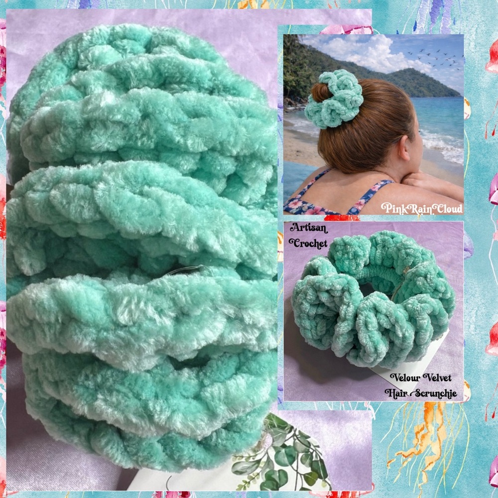 Handmade VELVET Pastel Aqua Green Crochet Scrunchie Chunky Oversized Hair Tie
